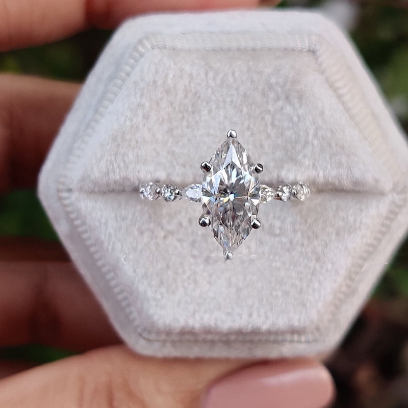 Cora Jewellery 2.75CT Marquise Moissanite Hidden Halo Engagement Ring For Women, 10K White Gold