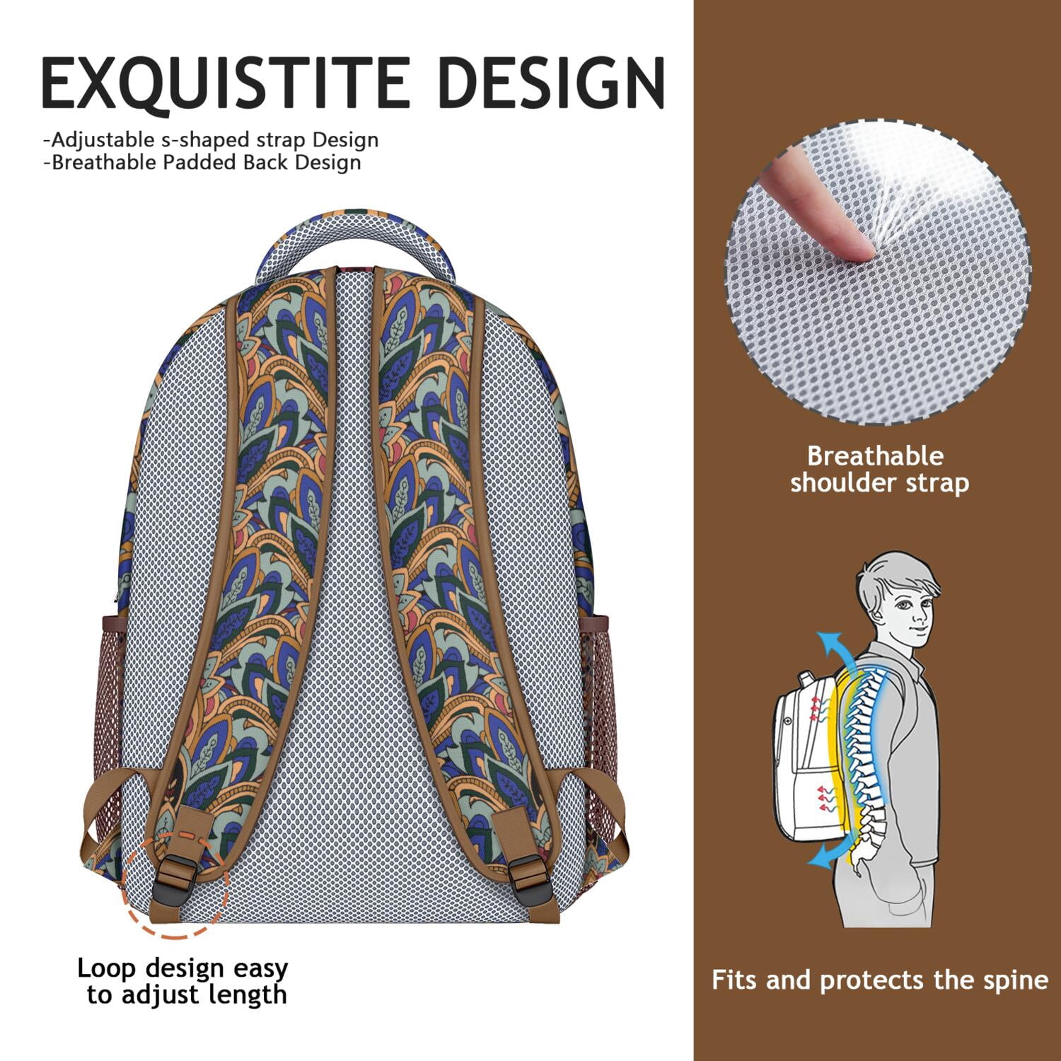 Artistic Waterproof School Backpack - Vintage Paisley Floral Print & Breathable Mesh Straps for Teens