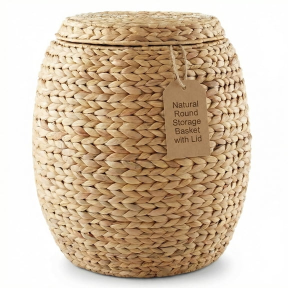 DEILSY Natural Round Water Hyacinth Storage Basket with Lid - Multipurpose Woven Storage Basket, Decorative Round Woven Basket for Living Room, Closet, Bedroom, Bathroom or Laundry