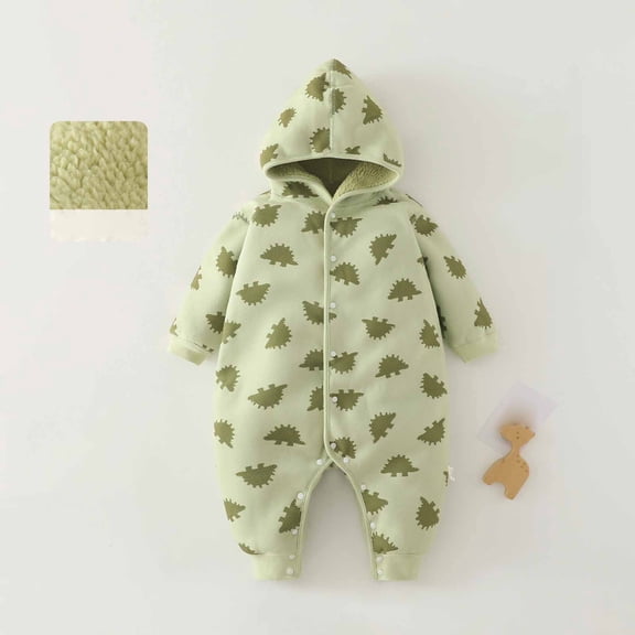 Letdown Baby Onesie Winter Romper with Hooded Button Up Baby Jumpsuit Lined Long Sleeve Cute Print Outfits (Green, 12-18 Months)