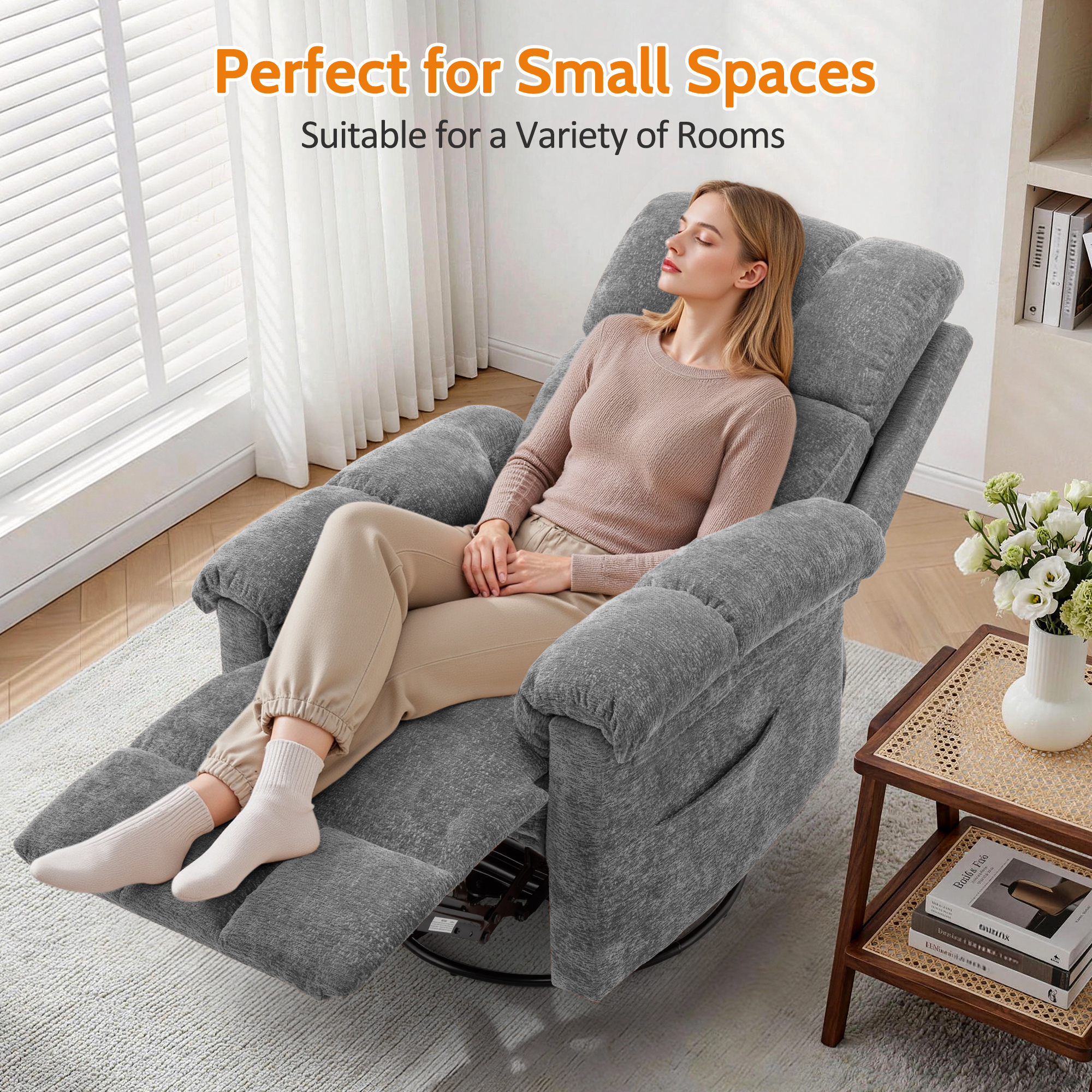 Korser Small Recliners for Small Spaces,Swivel Rocker Recliner Chair with Side Pockets for Living Room,Grey