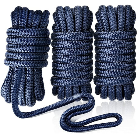 DOMETOUR Dock Lines Ropes Boat Accessories 3PCS 0.5in X 15ft Ropes for Boats Double-Braided Mooring Marine Ropes with 12in Eye Loop for Docking, 6500 lbs Breaking Strength Boating Gifts for Men