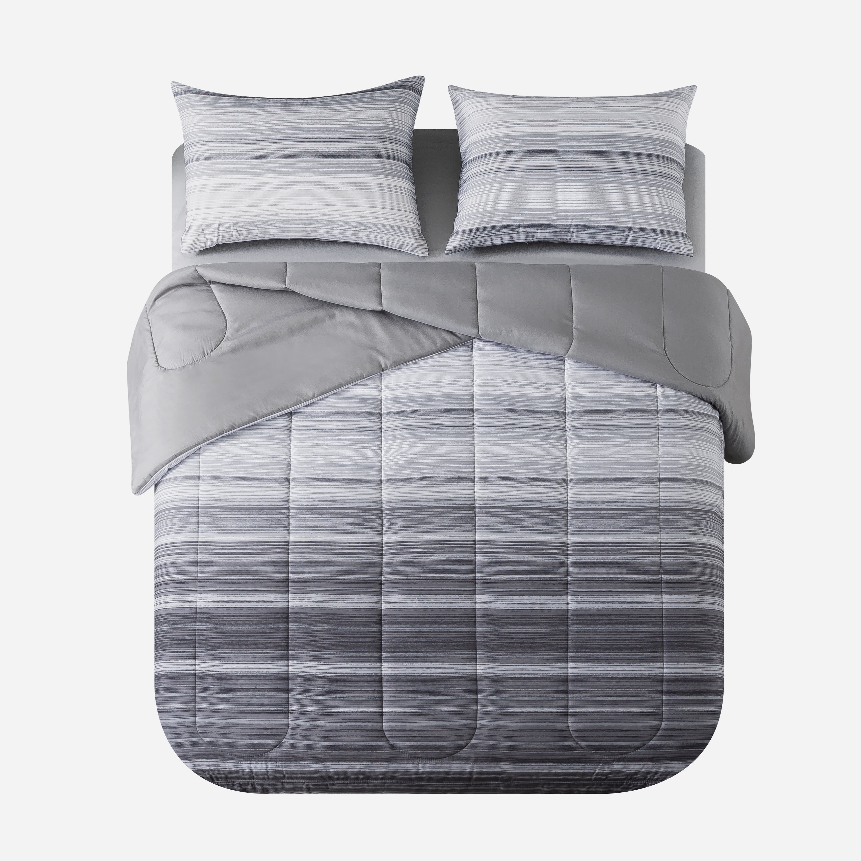 Mainstays 7-Piece Reversible Bed in a Bag Comforter Set with Sheets, Gray Stripe Ombre, Full