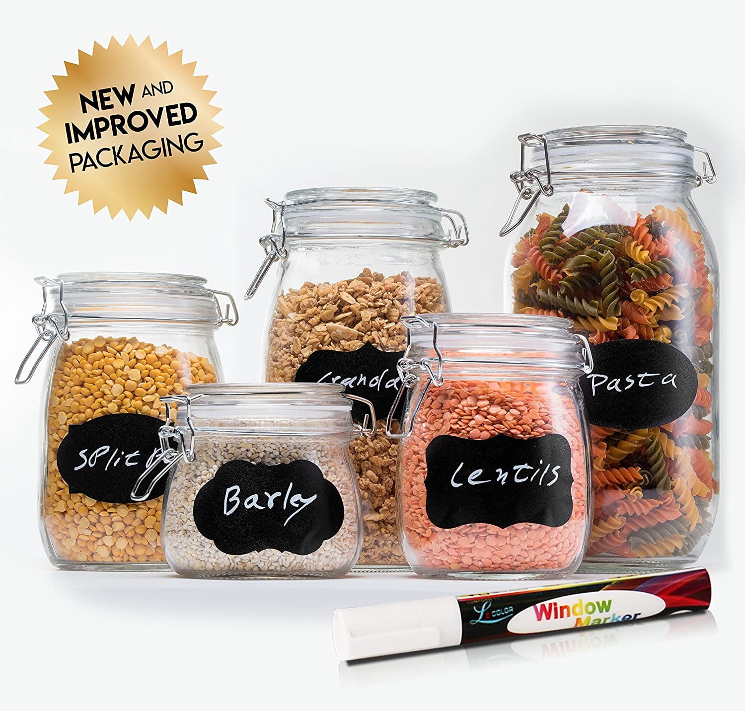 HomEquip 5Piece Airtight Canister Set with Clip Top Lids (Clear Glass