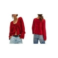 thumbnail image 3 of Women Tie Front Long Sleeve Top Lace Trim Button Shirt Square Neck Loose Blouse Going Out Y2k Clothes Wine Red L, 3 of 8