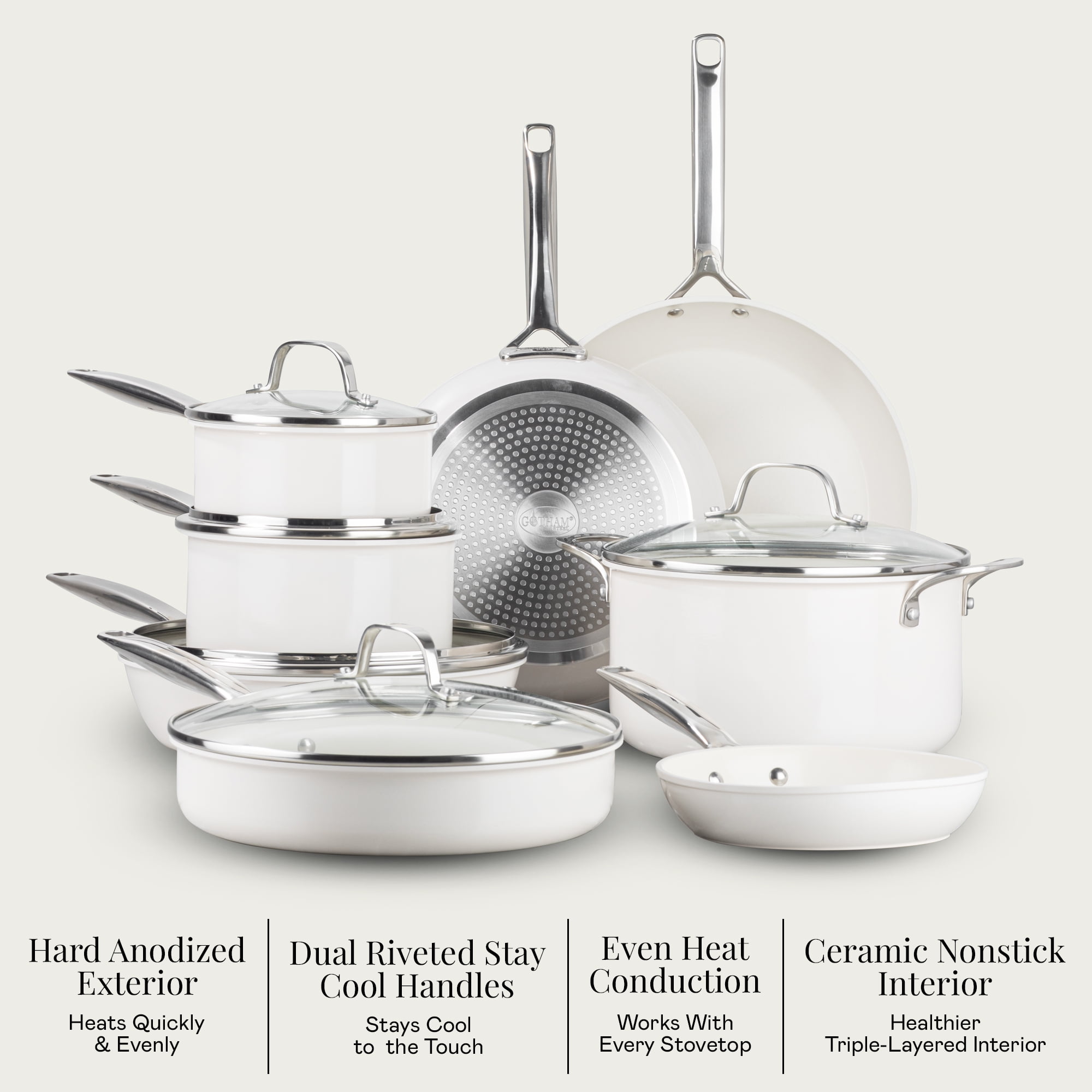 Gotham Steel Pro 13 Pc Ceramic Pots and Pans Set Non Stick, Ceramic Cookware Set, Induction Ready Pot and Pan Set, Forged Aluminum Construction, Dishwasher Safe, Cream