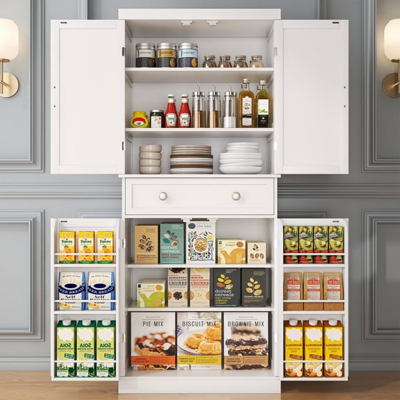 72" Pantry Cabinets, Tall Kitchen Pantry Cabinet with Drawer and Adjustable Shelves, Buffet Cupboards Kitchen Pantry Storage Cabinet for Kitchen, Living Room, Dining Room Use (White-2)