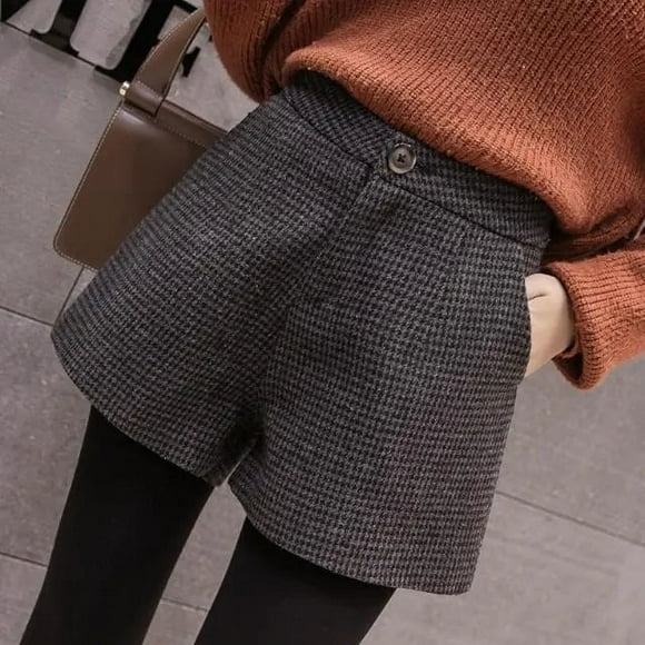 High Waist A- Line Wide Leg Shorts Winter Wear Boots Shorts Women Winter Thick Wool Houndstooth Shorts Women's - Gray / XL