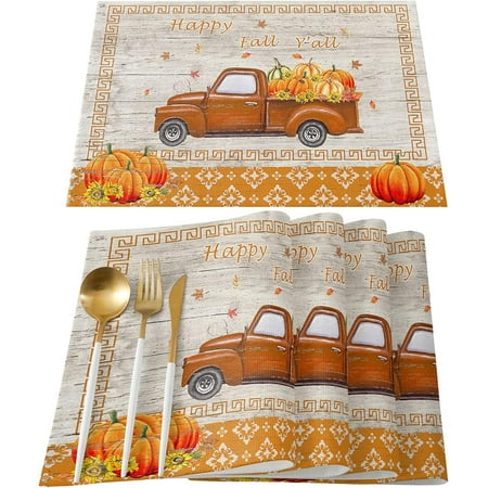 

Placemats Set of 6 Washable Thanksgiving Farm Truck Placemat for Dining Table Decorations Heat-Proof Table Mats for Kitchen Dinner Banquet Rustic Wooden Plank