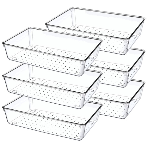 6 PCS Clear Drawer Organizer Bins for Kitchen Fridge, Desk Drawer, Vanity,  Pantry, Bathroom Organization tray, Plastic Containers for Makeup, Food Storage