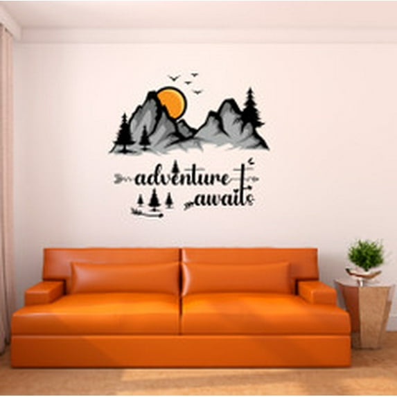 Home Wall Decal - Adventure Awaits - Beautiful Hot Air Balloon Design Adventurous Moutains With Cute Sun Landscape - Proudly Hand Made Decal - Size: 20 In(W) x 18 In(H)