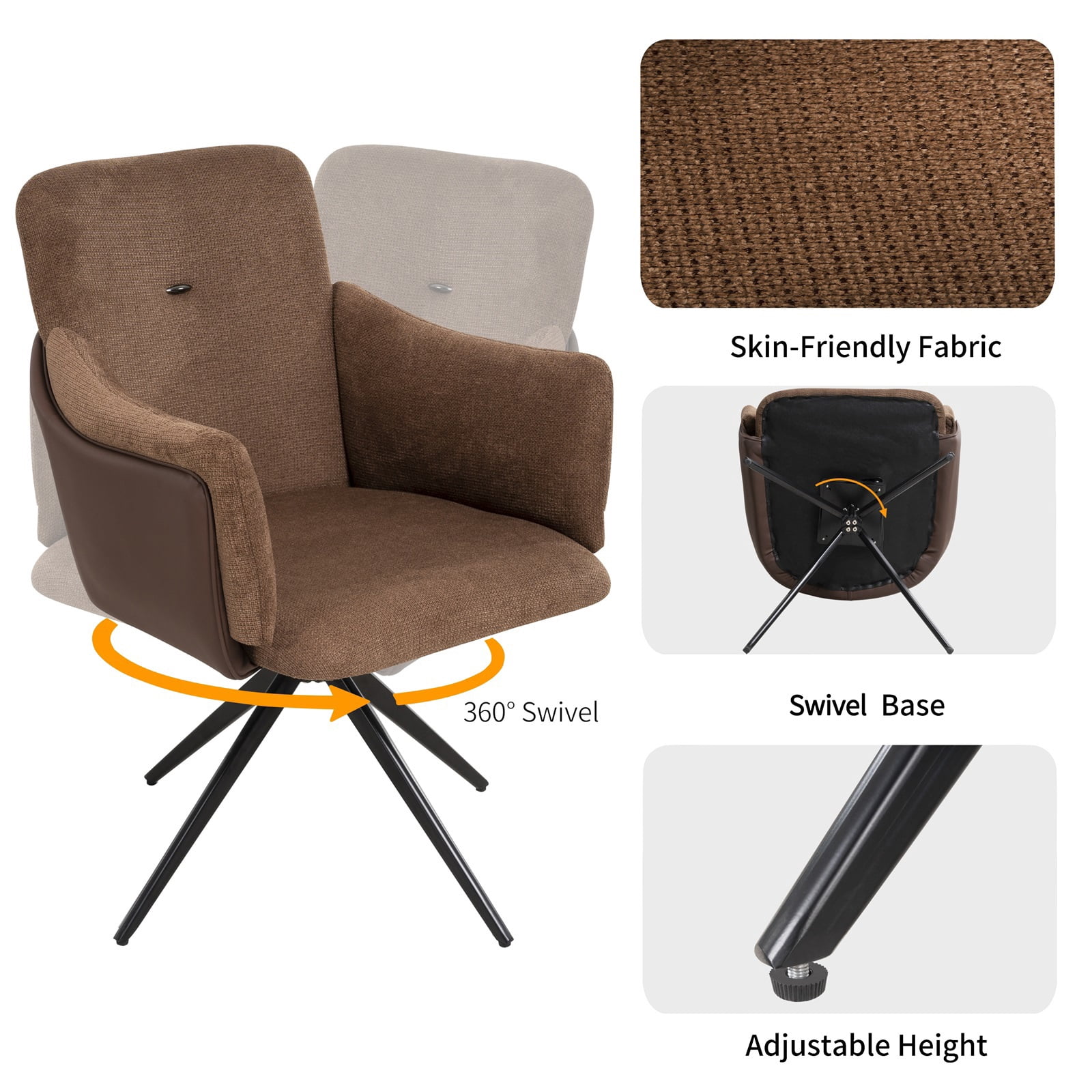 Hommoo 360° Swivel Accent Chair Set of 2, Modern Linen Upholstered Armchair with Metal Base, for Home & Office, Dark Brown