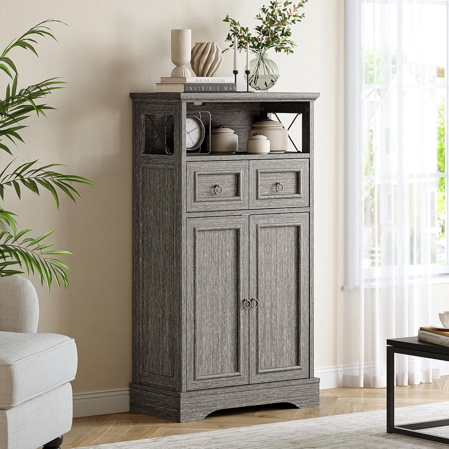 Vabches 42.72"H Kitchen Pantry Storage Cabinet with 2 Drawers & 2 Doors, Vintage Floor Cabinet with Adjustable Shelves and Open Shelves for Kitchen,Living Room,Home Office