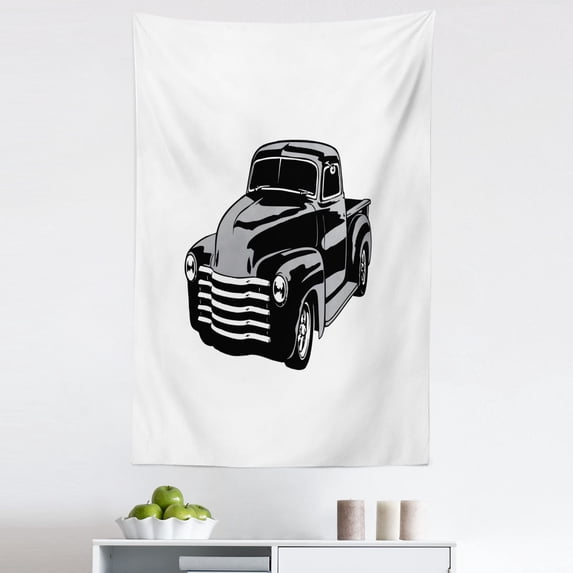 Trucks Tapestry, Pickup Car Drawing in Cartoon Design Classic Nostalgic American Vehicle, Fabric Wall Hanging Decor for Bedroom Living Room Dorm, 5 Sizes, Black Grey and White, by Ambesonne