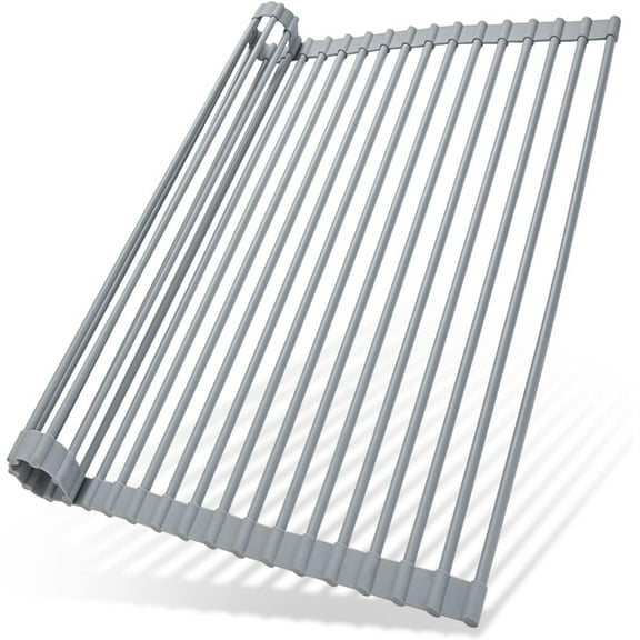 Over Sink Dish Drying Rack, Silicone Wrapped 17.6" W x 15.4" L Large Over The Sink Roll Up Dish Drainer - Foldable Sink Drying Rack Rolling Drain Mats Anti-Slip Multipurpose for Kitchen Counter
