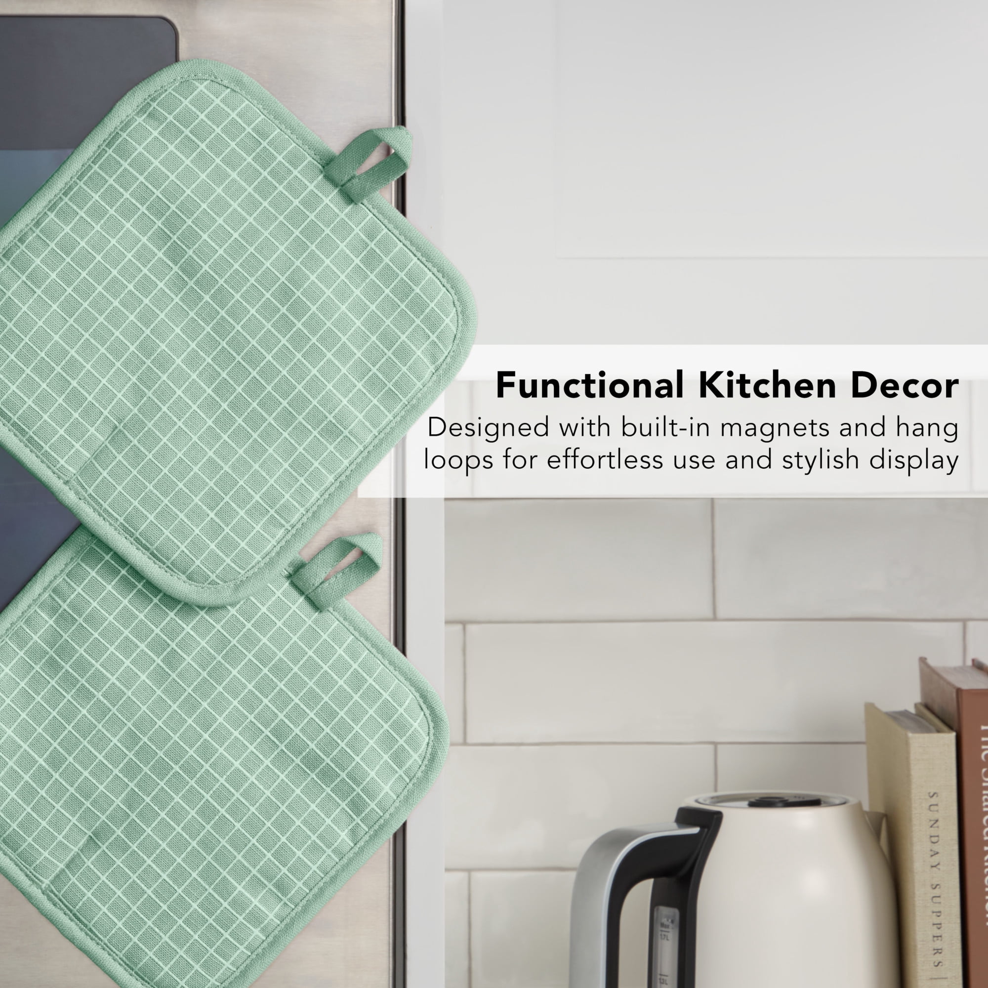 KITCHENAID Gourmet Series Gridlines Pot Holders 2-Pack Set, Heat Resistant up to 600°F, Soft Silicone Grip, Magnetic Cuff, Pistachio Green, 8"x8"