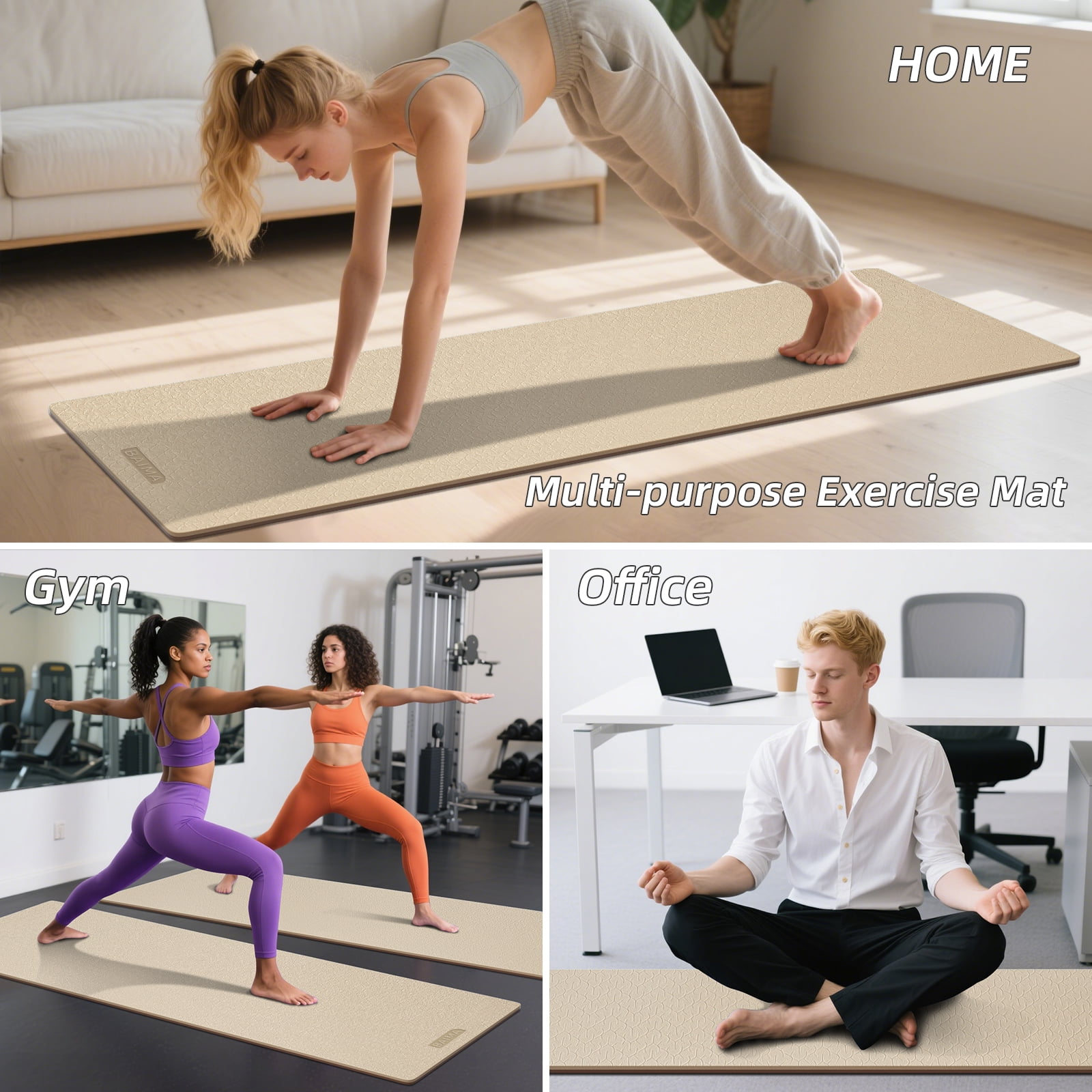 BAIMA Large Yoga Mat Thick Extra Wide and Long ,Roll-up Pilates Mats ,Eco TPE Double-Sided Exercise Pad with Carry Strap(Brown+Apricot)