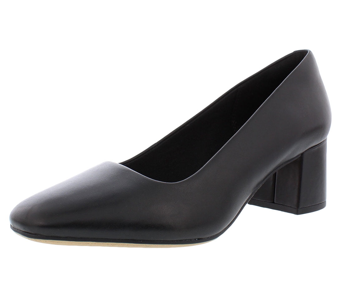 Ladies Clarks 'Sheer Rose' Black Leather Block Heel Court Shoes 