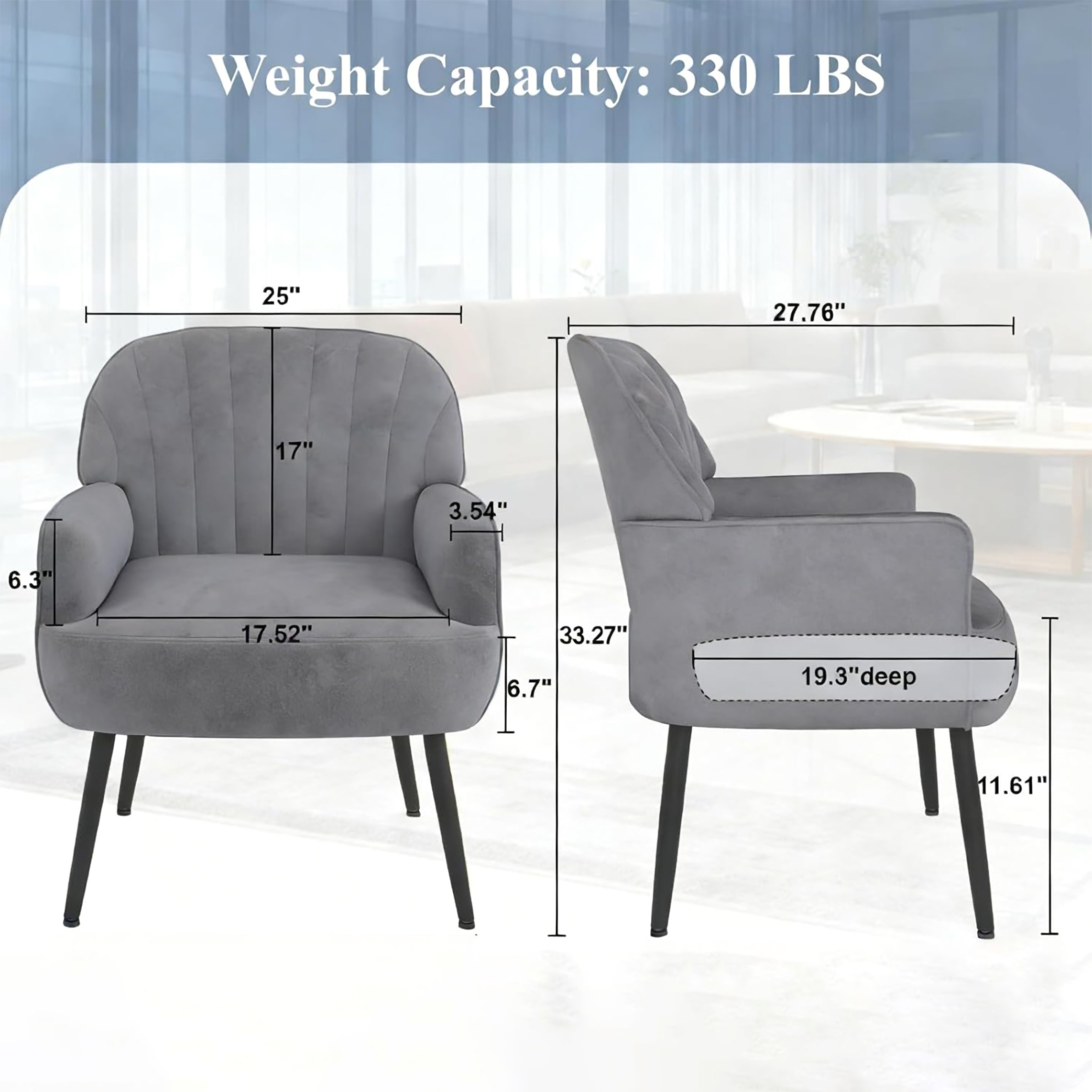 Noble House Ordis Velvet Accent Chair with Shell-Shaped Backrest & Metal Legs, Comfy Barrel Chair for Living Room, Grey