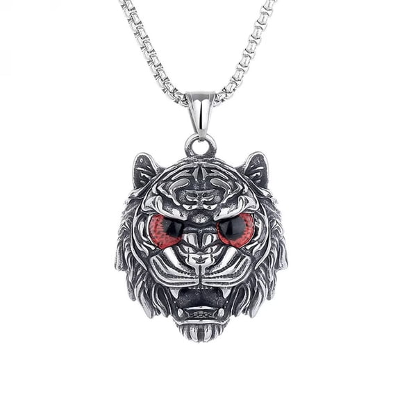 PAMTIER Men's Stainless Steel Vintage Domineering Hip Hop Animal Roaring Tiger Head with Devil Bloody Eye Gemstone Amulet Pendant Necklace Red