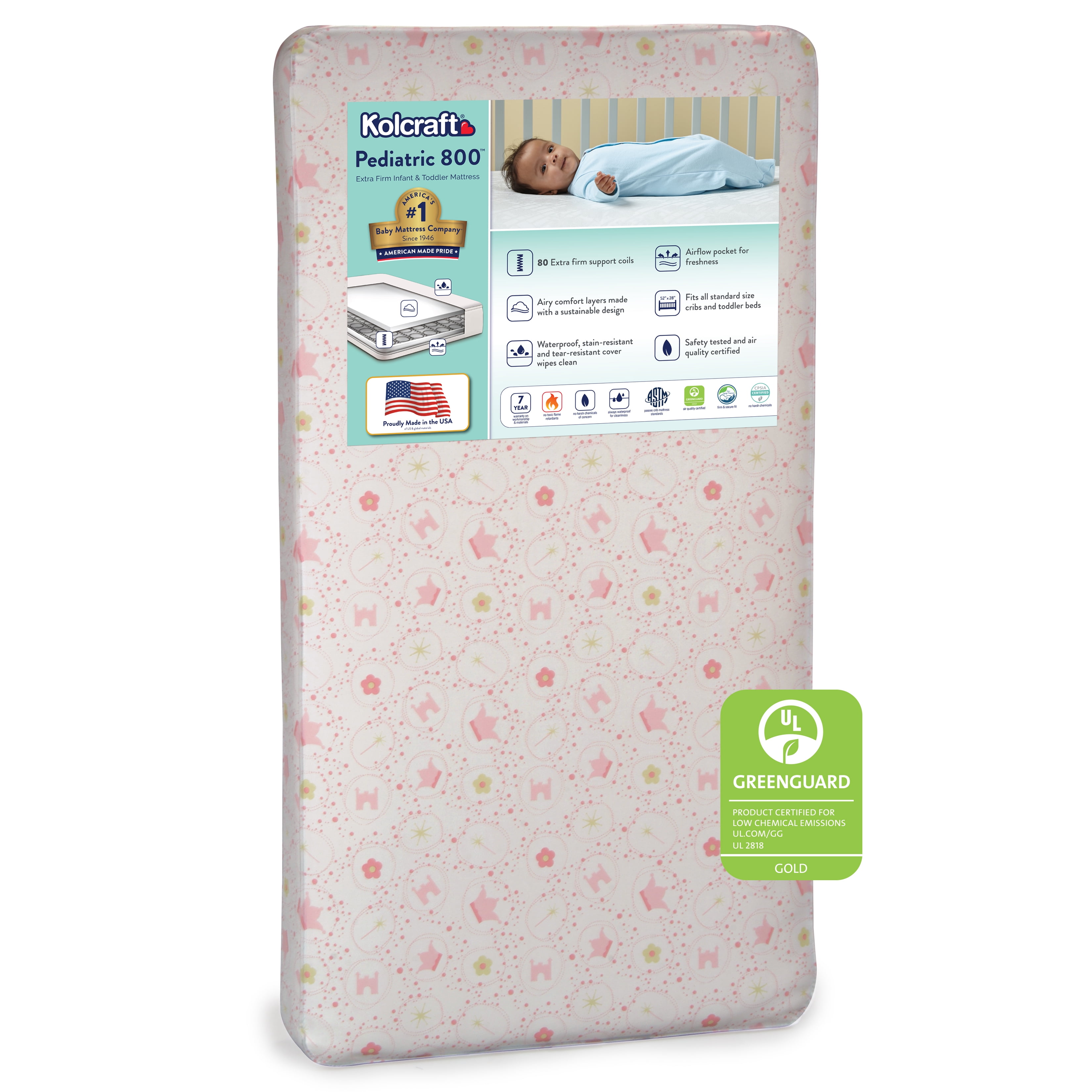 (3 pack) Kolcraft Pediatric 800 Extra Firm Baby Crib & Toddler Mattress, 80 Coil, Waterproof, Pink