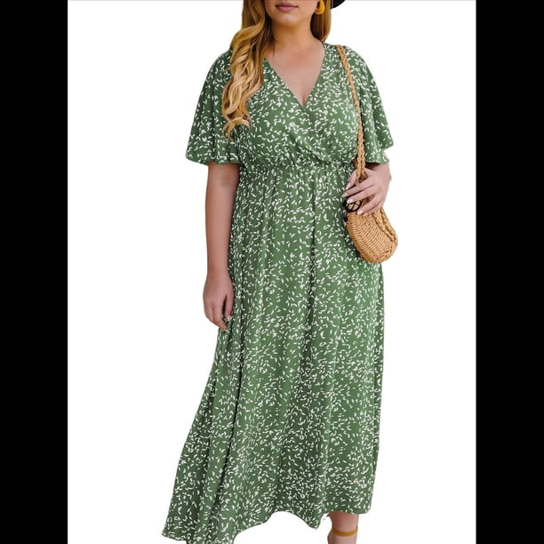Vestido Corto de Corte A con Escote en V, Corta, Volantes y Dobladillo para Mujer, Talla Grande Verde 4XL