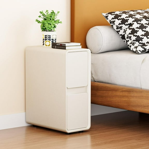 7.8" W Faux Leather Narrow Nightstand, Modern Fully-Assembled Bedside Table with 2 Drawers, Wood Night Stand Small Accent End Table & Side Table for Bedroom Living Room, White