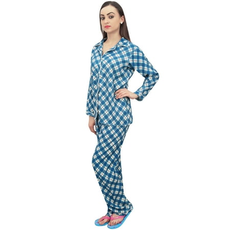 

Bimba Check Print Teal Blue Women s Nightwear Shirt With Pajama Pants 2 Pcs - 22