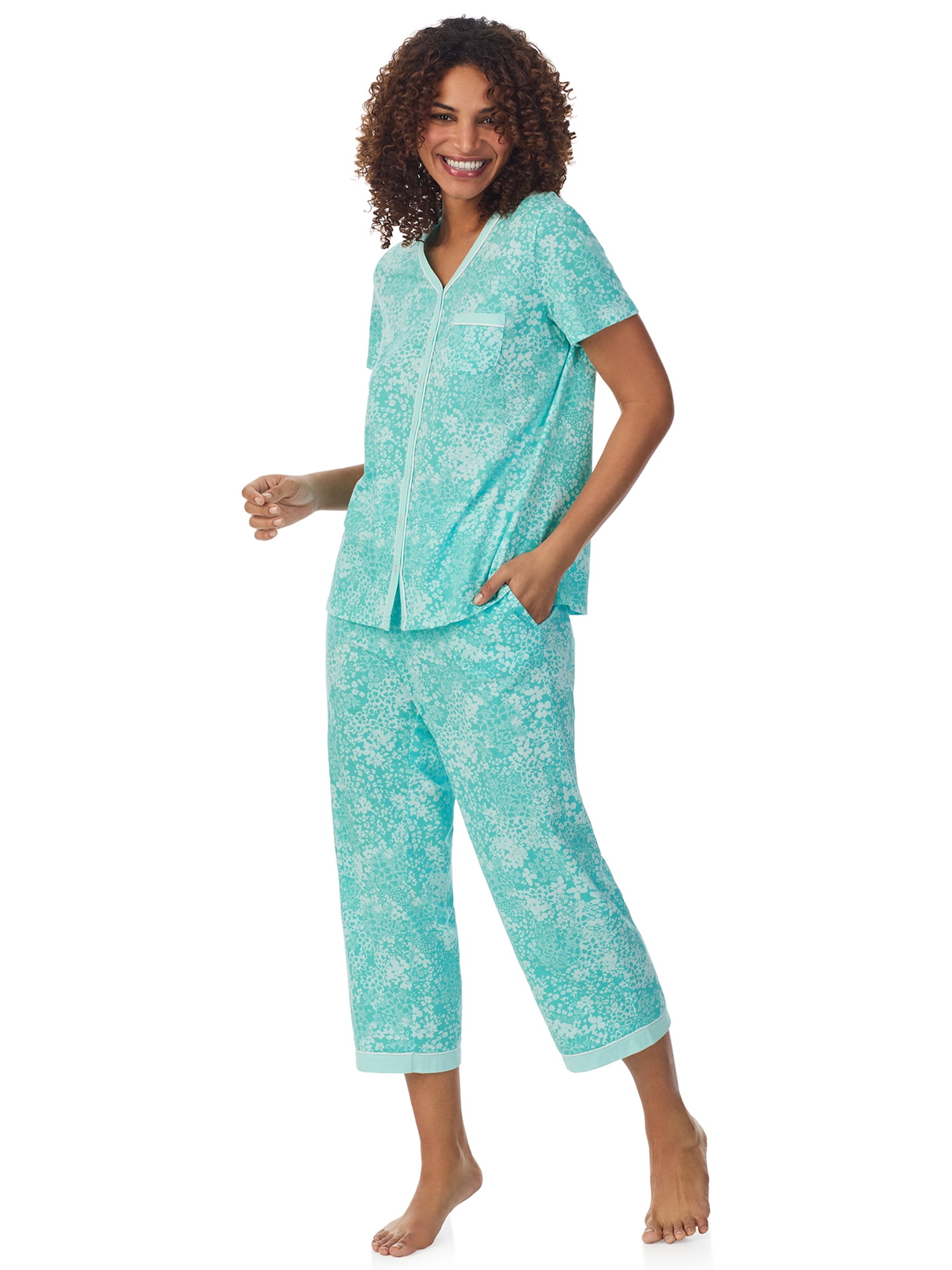 Aria Short Sleeve 100% Cotton Cropped Pajama Set with Pockets, Women’s Sizes S-3X