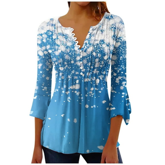CYMMPU Spring Tops V Neck 3/4 Sleeve Blouses for Women Dressy Casual Loose Fit Fall Trendy Shirts Tunic Tops Flower Pattern A-line Dressy Tops T-Shirts Blue L
