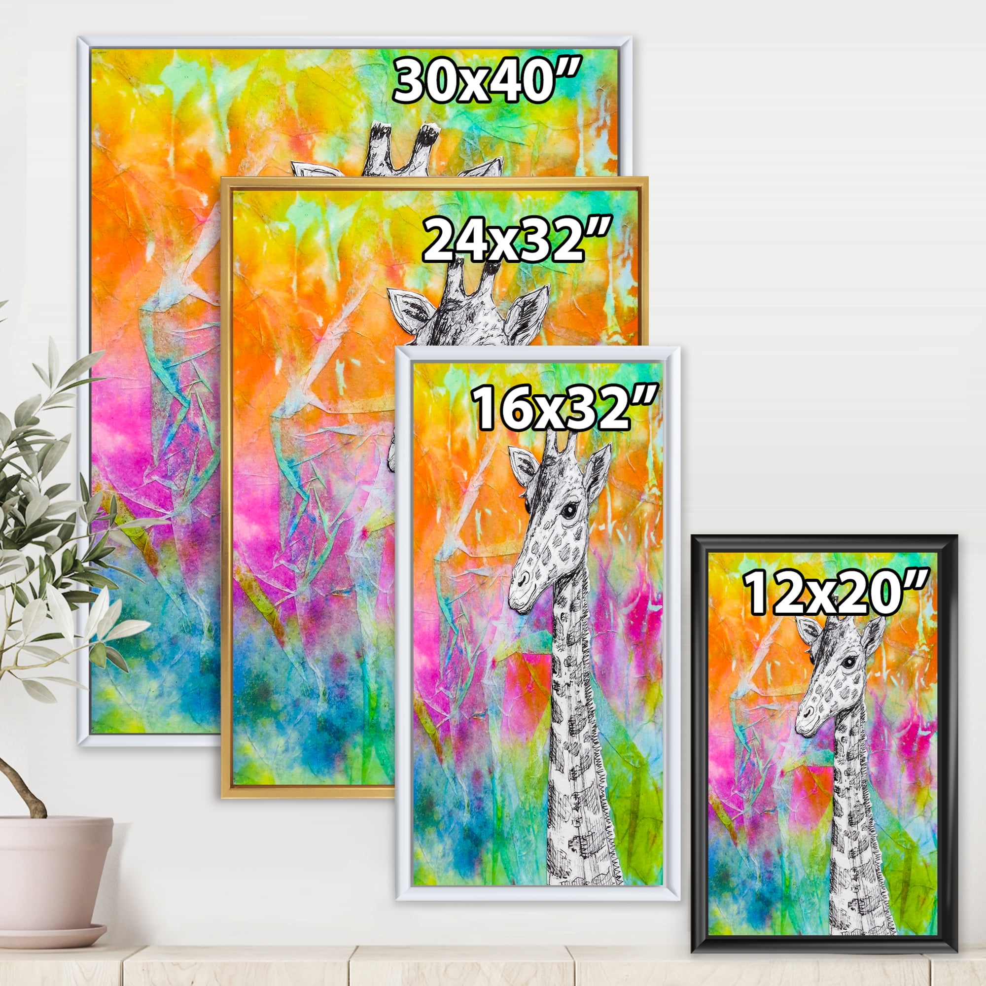 Monochrome Giraffe Drawing On Bright Rainbow 16 in x 32 in Framed Painting Canvas Art Print, by Designart