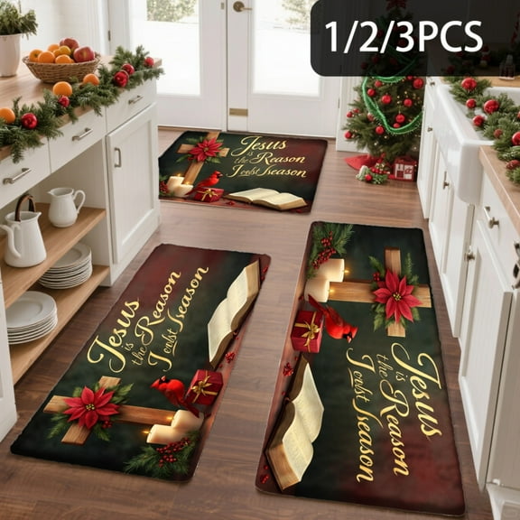 3PCS Kitchen Mat set, Welcome Door Flannel Rug,Home Decor for Front Door,Kitchen, Bathroom, Jesus Is Reason For Season ,Great Christmas Housewarming gift for Family and Friends.