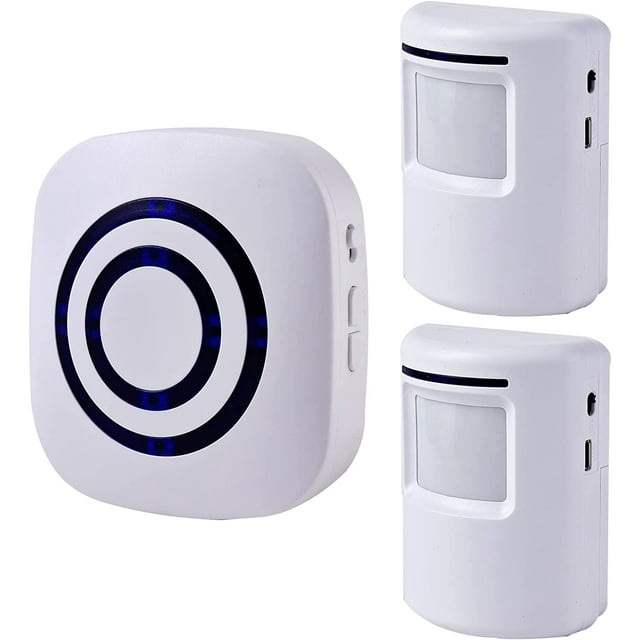 Alarma con sensor de movimiento - Alarma de entrada inalámbrica Transmisión de señal de larga distancia de 100 m, timbre con sensor de movimiento con 38 melodías (1 receptor y 2 sensores)