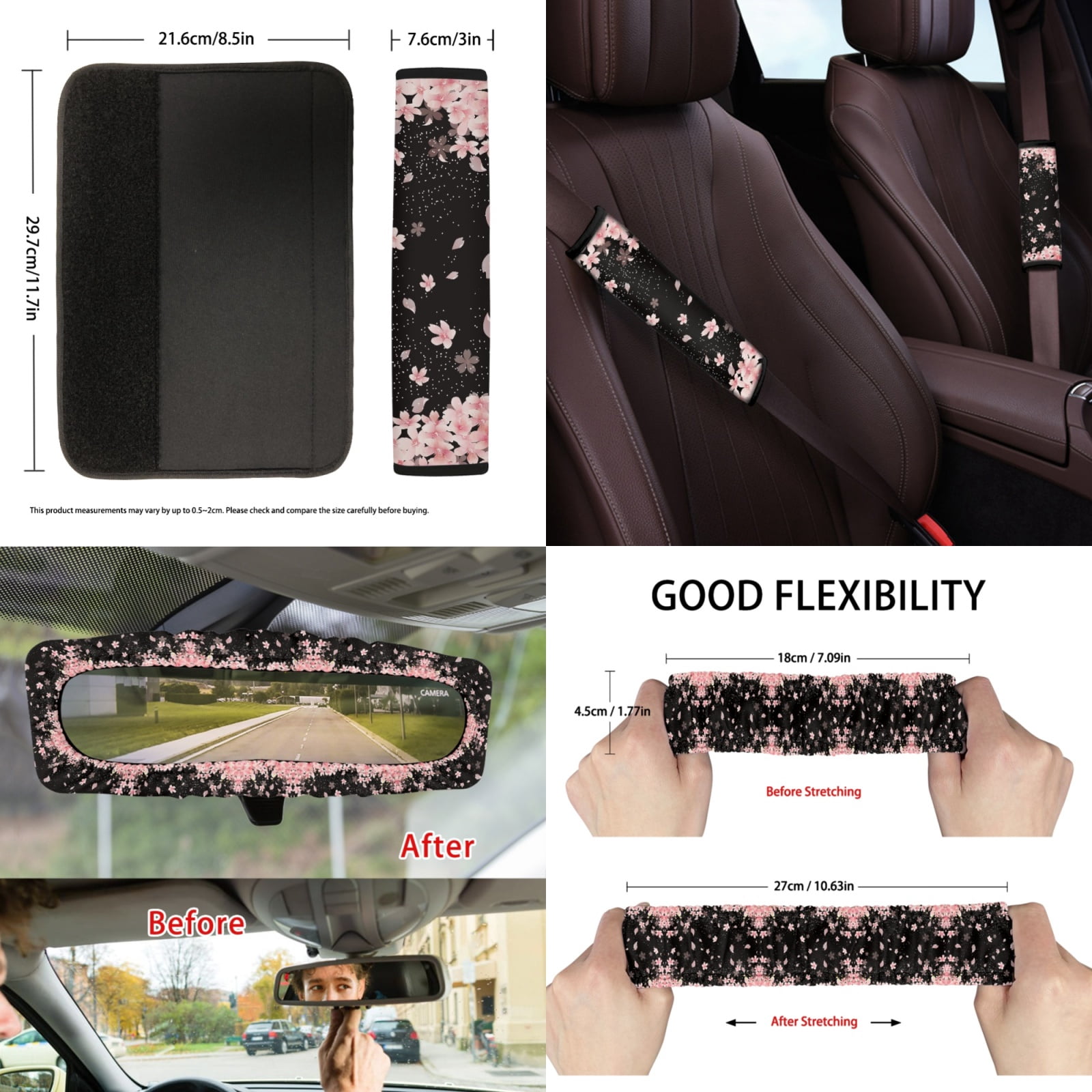 Jeiento Pink Cherry Blossom Car Interior Accessories Full Set Car Seat Covers Steering Wheel Seat Belt Covers Car Trash Can Coasters Rear View Mirror Covers Keychains Lipstick Covers Set of 13