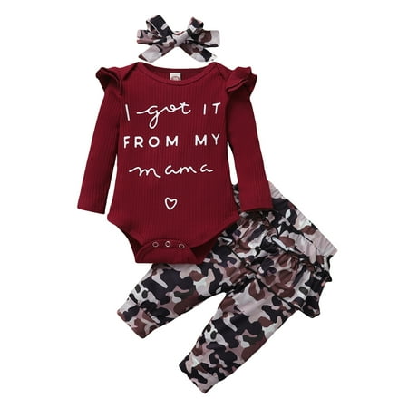 

Kucnuzki 6 Months Baby Girl Fall-Winter Outfits Pants Sets 12 Months Long Sleeve Letter Prints Comfort Romper Tops Elastic Camouflage Prints Pants Headband 3PCS Set Red