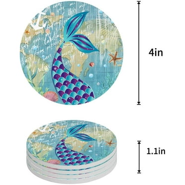 FMSHPON Mermaid Set of 4 Round Coaster for Drinks, Absorbent Ceramic Stone Coasters Cup Mat with Cork Base for Home Kitchen Room Coffee Table Bar Decor