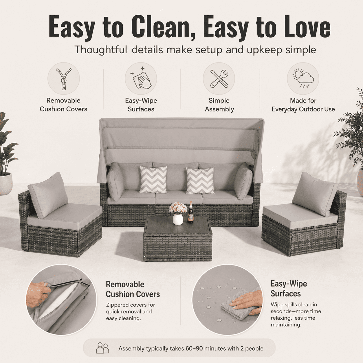 Outdoor Wicker Patio Furniture Set, 5-Piece Sectional Sofa with Canopy Daybed, All-Weather Rattan Conversation Set with Cushions & Table for Backyard Garden Poolside