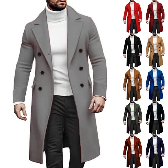 yuCgh Men's Wool Blend Trench Coat, Double Breasted Pea Coat with Notch Lapel, Long Overcoat for Casual & Smart Casual Outfits, Fall Winter Style,Army Green,L