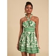 thumbnail image 5 of Green Tropical Plant Print Halter Neck Short Dress For Women, Casual Summer Boho Vacation Outfit, 5 of 6
