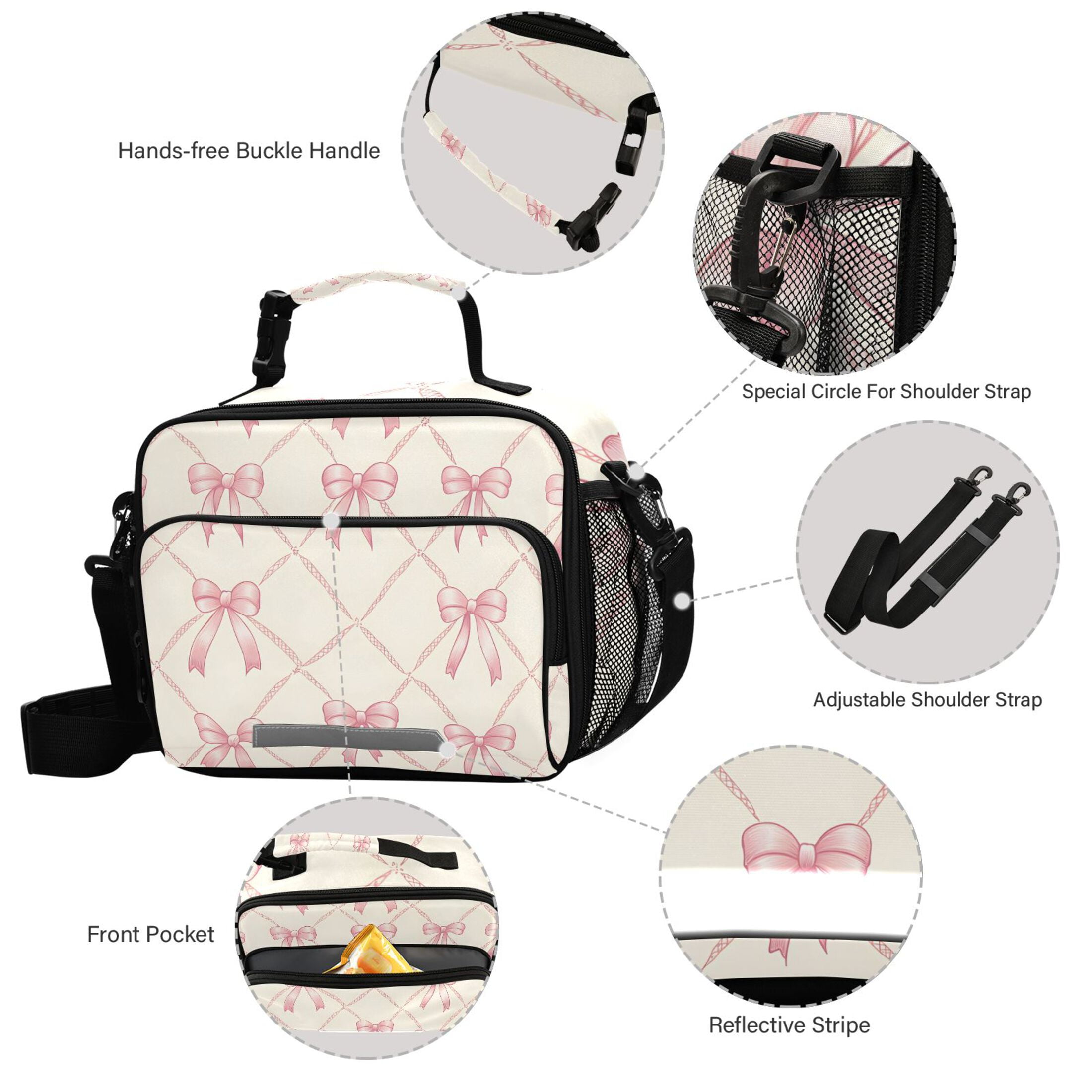 ALAZA Bows Checkered Lunch Box Insulated Cooler Bag Reusable Tote Bags Shoulder Strap