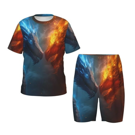 Luyuia Red And Blue Fire Dragon E Print Girls  2-Piece Tie-Dye Pajama Set  Cute Summer Loungewear with Shirt and Tank Shorts Nightwear-Medium