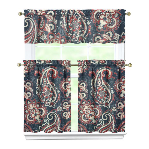 Bohemian 3-Piece Kitchen Curtains Set - Abstract Mandala Print Tier Curtains & Valance, Exotic Artistic Window Panels for Farmhouse or Minimalist Decor
