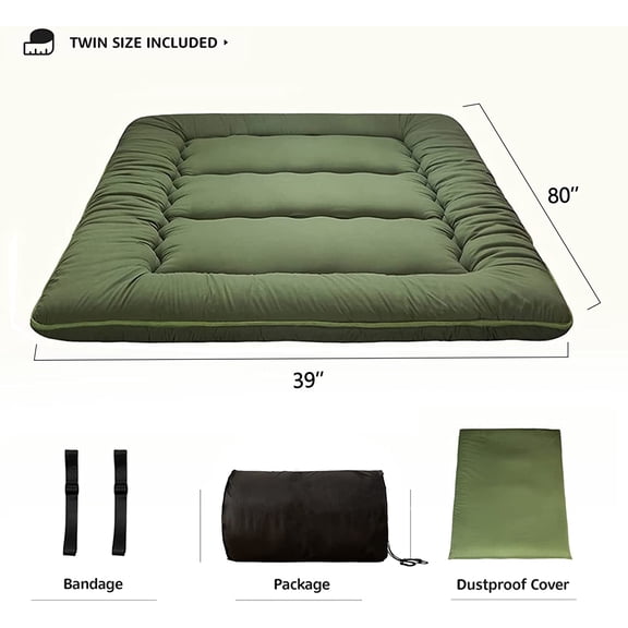 Japanese Futon Mattress Twin Size Floor Mattress, Thicken Tatami Mat Sleeping Pad Roll Up Mattress Floor Bed Folding Couch Bed Mattress Pad for Guest Room, Green, Twin