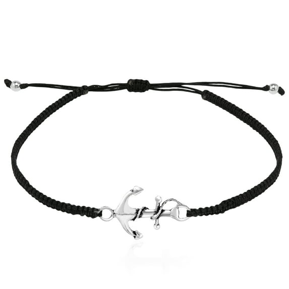 Nautical Rope Anchor .925 Sterling Silver Charm on Cotton Rope Adjustable Wrist Pull Bracelet