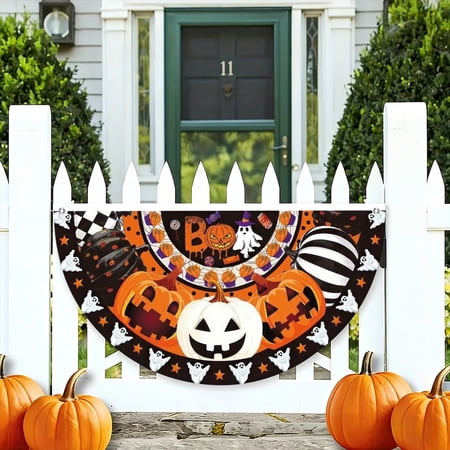 Halloween Outdoor Banner Semicircle Fan Bunting Fall Bunting Flags for Outside Porch Fences Decoration Halloween Bunting Flag 36x18in