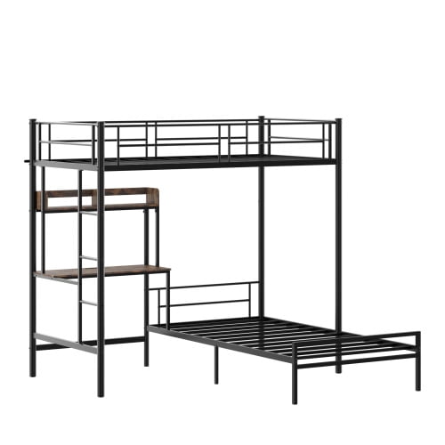 L-Shaped Twin Over Twin Metal Bunk Bed with Built-in Desk & Charging Station, Storage Shelves, Bookcase, Safety Guardrail and Ladder for Teens, Black