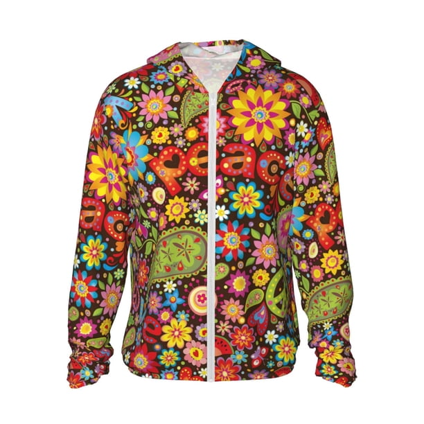 Fotbe Hippie Peace Love Chaqueta con Protección Solar UPF 50+ para Hombre y Mujer, Camisa con Capucha y Bolsillos-Large