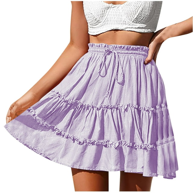 Bocqde Flowy Mini Skirts for Women Plus Size Summer Solid Casual Tiered A-Line Ruffle Swing Beach Short Skirt Fashion Pleated Drawstring Elastic High Waist Short Skirts