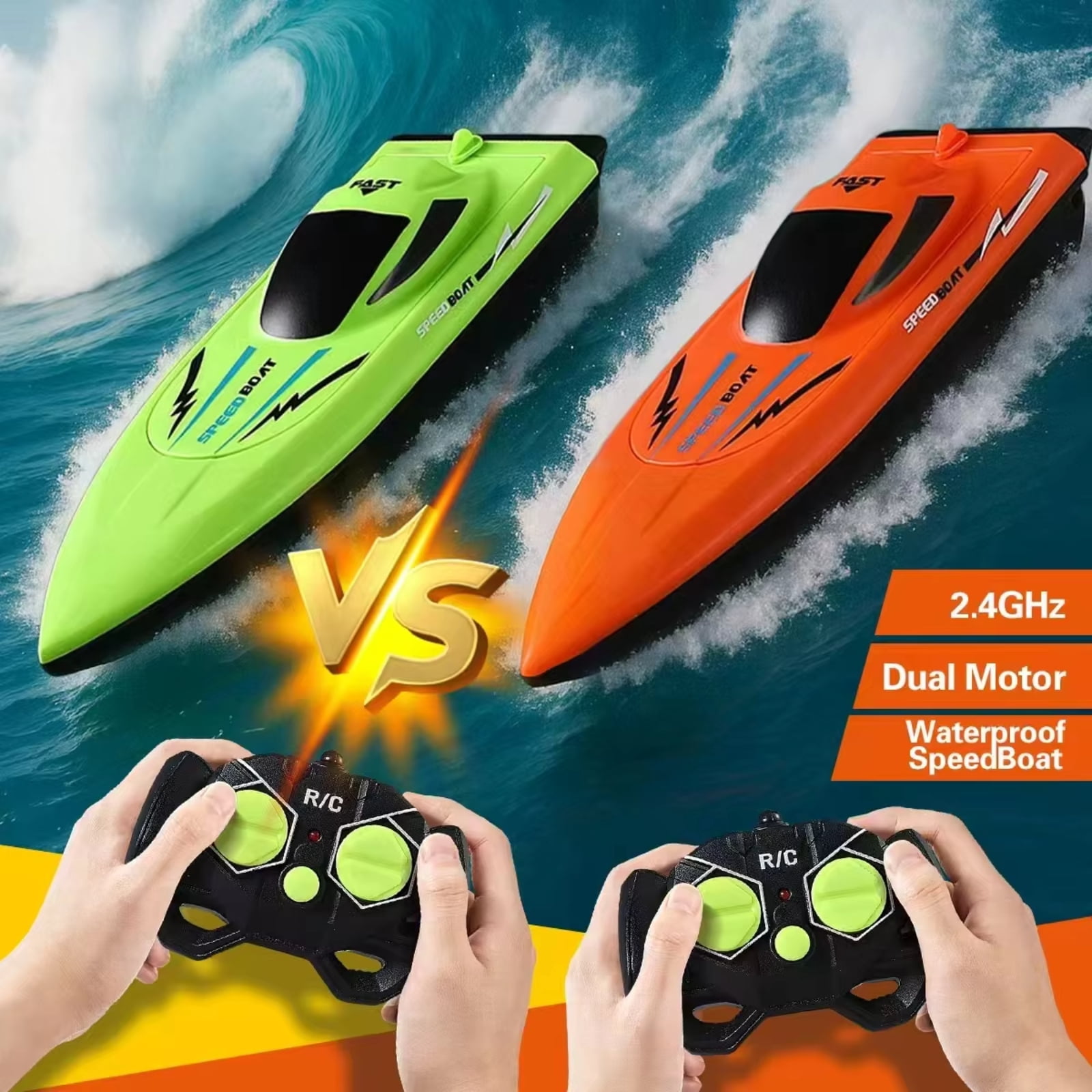 Unbranded Remote Control Boat 2 pack, 2.4G Dual Motor RC Speedboat for Pools and Lakes, Waterproof Outdoor Water Toy for Boys and Girls Age 6+, Orange & Green