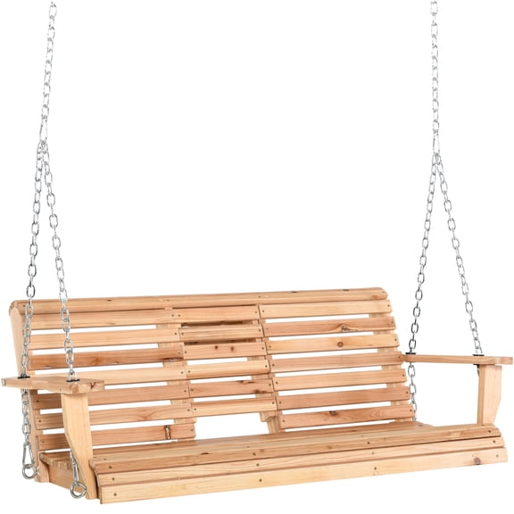 JERFIT 3-Person Patio Swing with Pull-Down Table, Cup Holders & Weather-Resistant Wood for Porch, Garden, Backyard